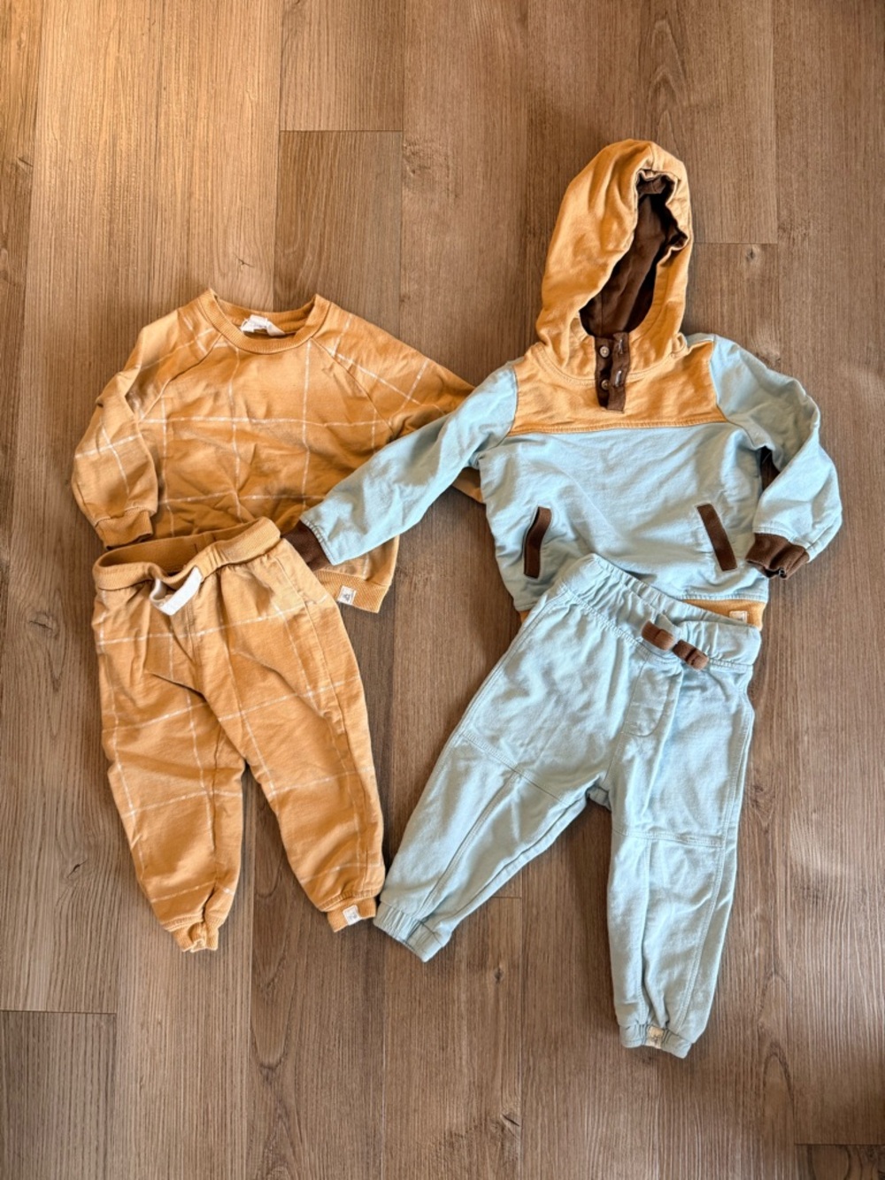 Burt’s Bees Two-Piece Outfits in Mustard and Light Blue